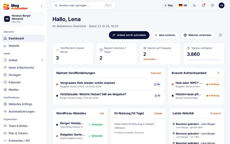 Dashboard von Blog Automation mit geplanten Artikeln, offenen Freigaben und Tokens