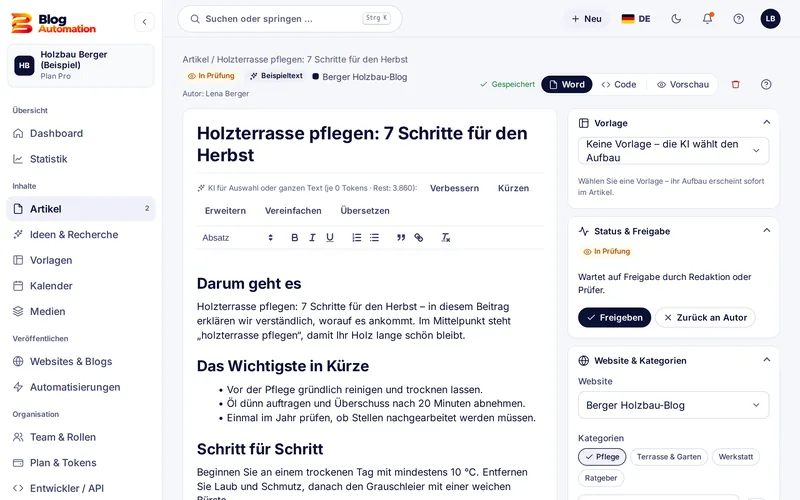 Artikel-Editor mit KI-Aktionen, Status und Freigabe