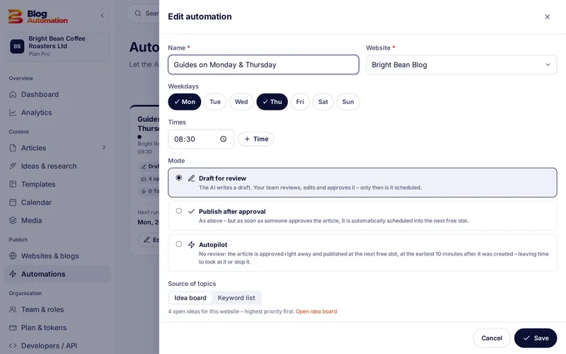 Automation with weekdays, time and mode