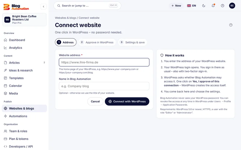 Connecting a WordPress website in three steps