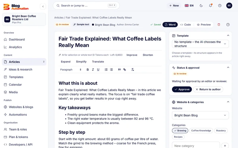 Post editor with AI actions, status and approval